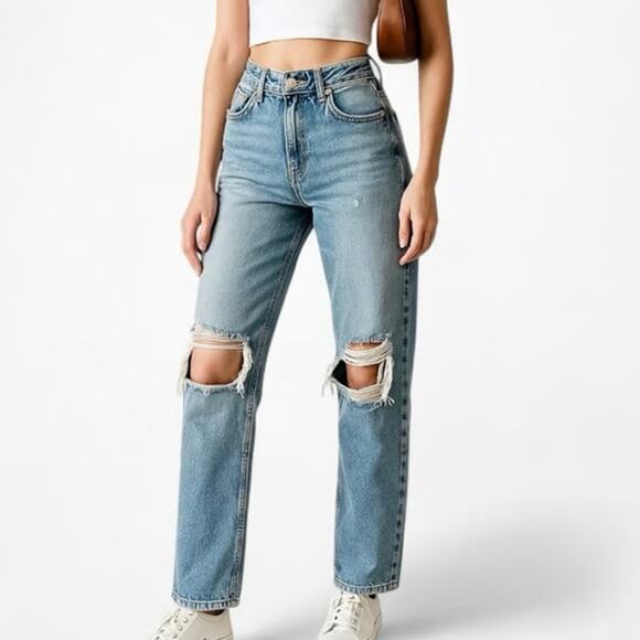 Zara Blue Distressed High Rise Mom Jeans Ripped Knees EUC Size 4 - Picture 1 of 7